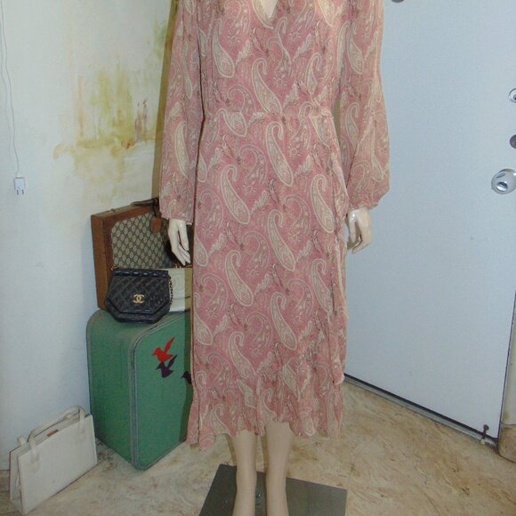 Sanderson of London X Paige Silk Palazzo Midi Wrap Dress Lipstick Pink Large L - Picture 11 of 14